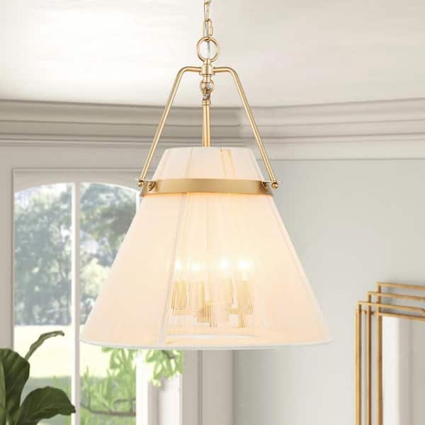 RRTYO Bastidas 4-Light Painted Gold Modern Rustic Cone Fabric Chandelier for Kitchen Island with Ivory Rope Shade