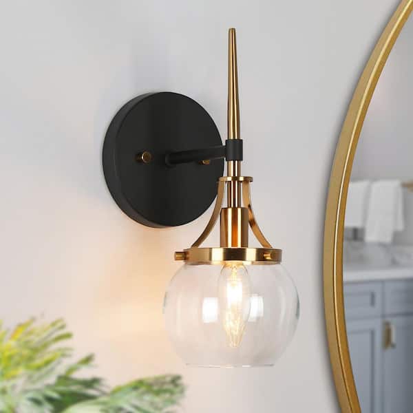LNC Orbline Mid-Century Modern 4.9 in 1-Light Brass and Black Wall Sconce with Clear Globe Glass Shade Bathroom Wall Light