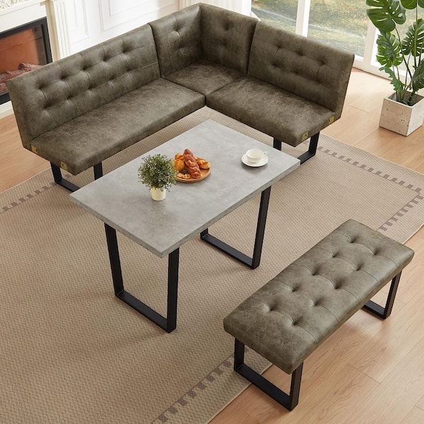 3-Piece Gray Dining Table Set 47.2 in. Rectangle Table with Corner Bench（Light Brown）
