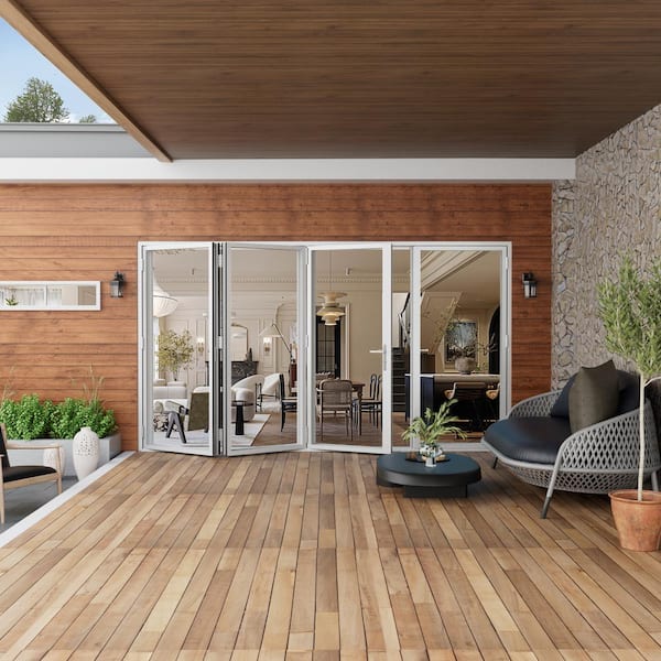 144 in. x 80 in. Left Center Opening/Outswing Double Tempered Glass White Aluminum Folding Patio Door