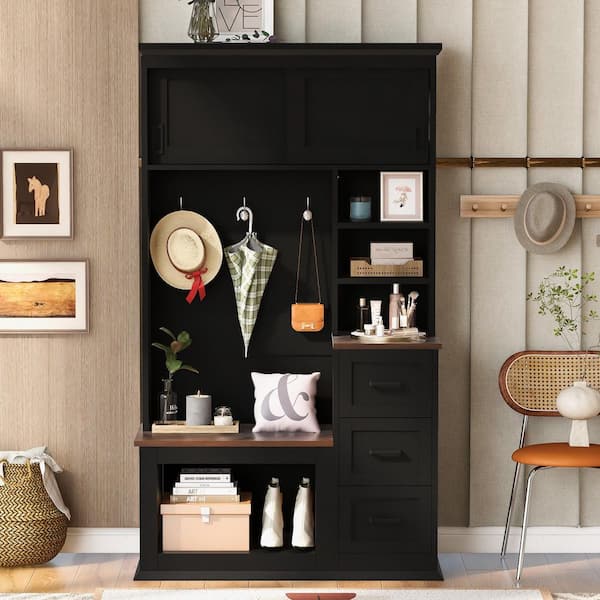 Unbranded 40.2 in. W x 16.5 in. D x 71.3 in. H Black Wood Hall Tree with Coat Rack, 4-Hooks, 3-Shelves and Drawers for Entryway