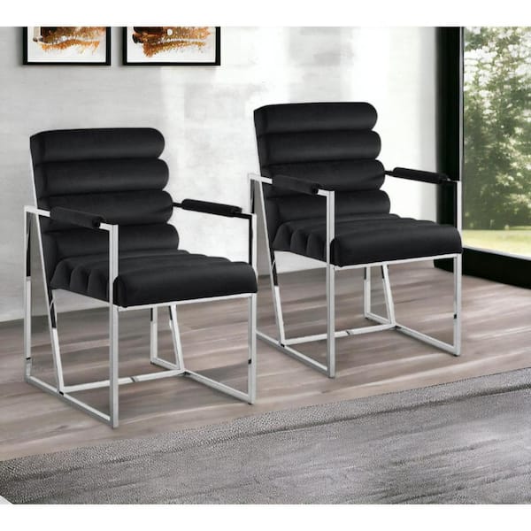 HomeRoots Tufted Black And Silver Metallic Upholstered Velvet Arm Chair (Set of 2)
