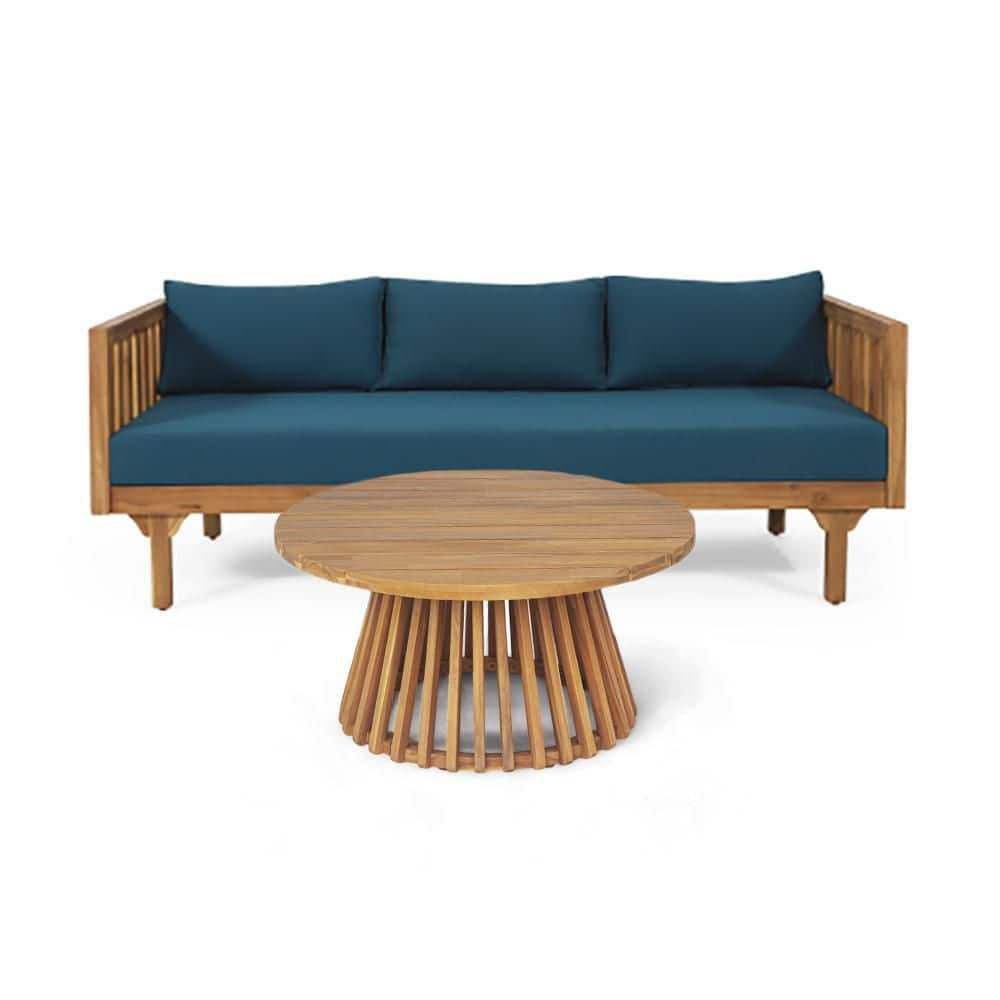 Brown Wood Outdoor Sectional Day Bed with Teal Blue Cushions and Round Coffee Table price history on PriceWatchPro