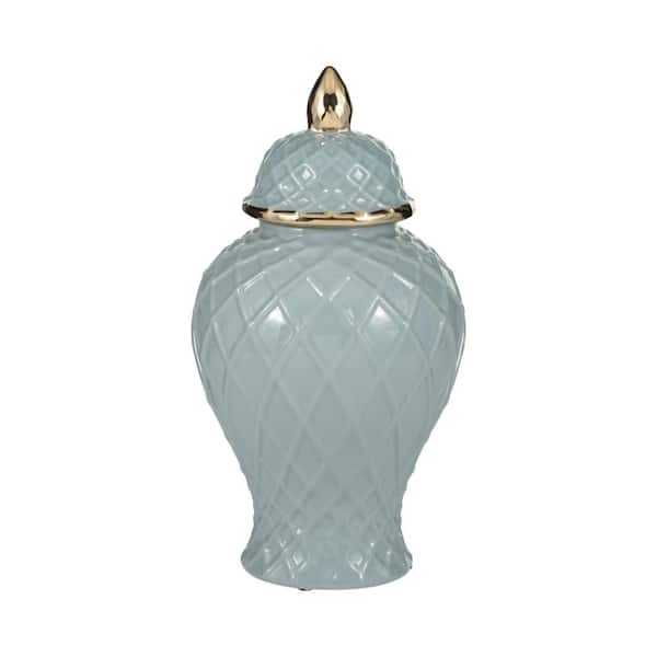 14 in. Blue Stoneware Round Traditional Rope Temple Jar