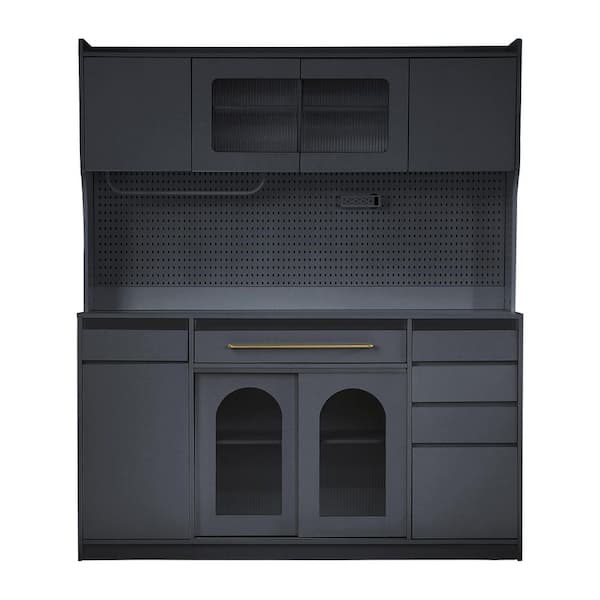 Boosicavelly Black MDF 63.in. W Freestanding Buffet with Adjustable Shelves, Drawers, Cabinets