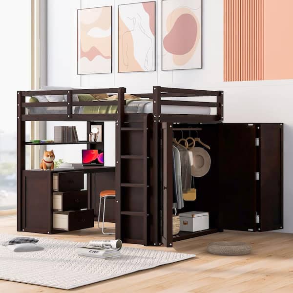 Harper & Bright Designs Espresso Full size Loft Bed with Drawers, Desk and Wardrobe