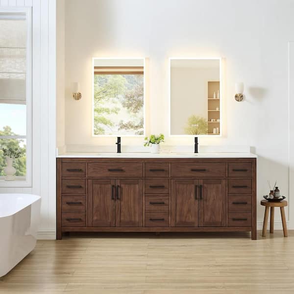 Beckett 84 in. Double Freestanding Dark Walnut Bath Vanity with White Quartz Top