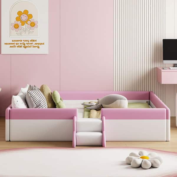White/Pink Queen Size Daybed with Fence and Stairs