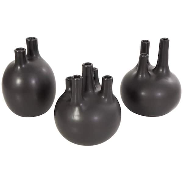 CosmoLiving by Cosmopolitan Black Round Bud Ceramic Decorative Vase with Multiple Openings (Set of 3)