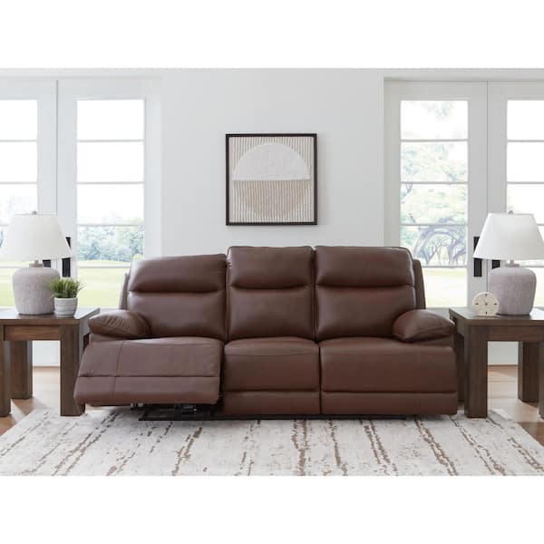 VonRyan 92 in. Pillow Top Arm Leather Match Rectangle Power Reclining Sofa with USB Port in Dark Brown