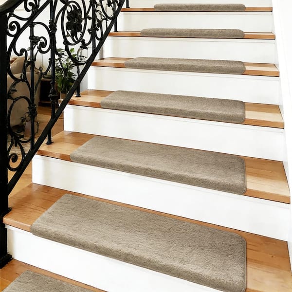 Cream Gray 9.5 in. x 30 in. x 1.2 in. Plush Bullnose Indoor Stair Tread Cover Carpet Self Adhensive Mat (Set of 12)