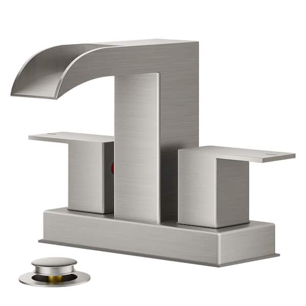 FURUISI 4 in. Centerset Double Handle Bathroom Faucet with Waterfall in Brushed Nickel
