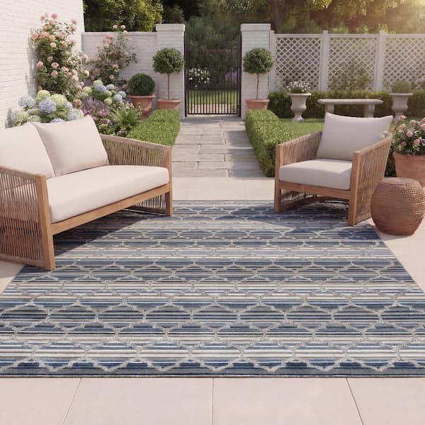 Cabana Blue/Gray 8 ft. x 10 ft. Striped Trellis Indoor/Outdoor Patio  Area Rug