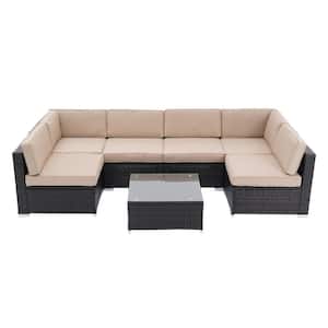 Outdoor Sectional 7-Piece Wicker Outdoor Patio Conversation Set with Beige Cushions and Tempered Glass Table