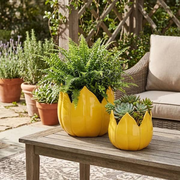 9 in. and 12 in. Yellow Ceramic Tulip Petal Decorative Planters (Set of 2)