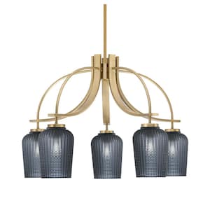 Olympia 17.75 in. 5-Light New Age Brass Downlight Chandelier 5 in. Smoke Textured Glass Shade