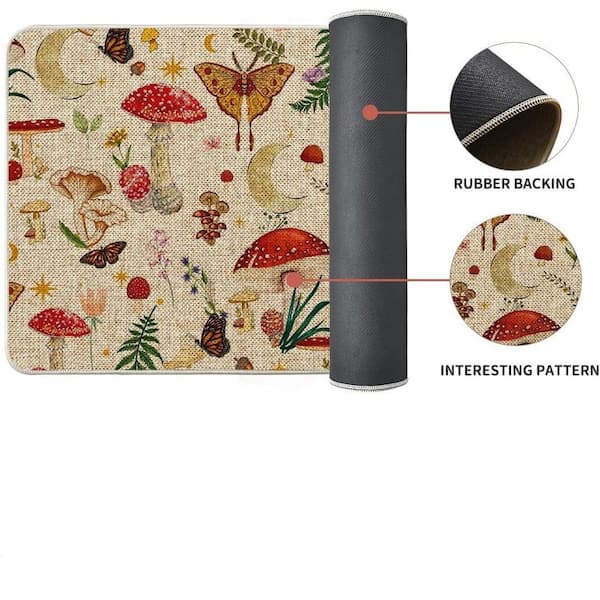Beige 17 in. x 29 in. Indoor Mushrooms Butterfly Kitchen Mats Set of 3