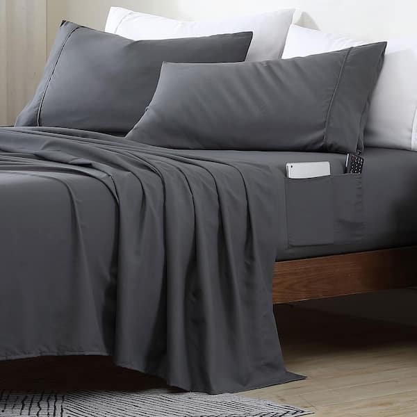 Queen Size Microfiber Sheet Set with 8 in. Double Storage Side Pockets, Grey