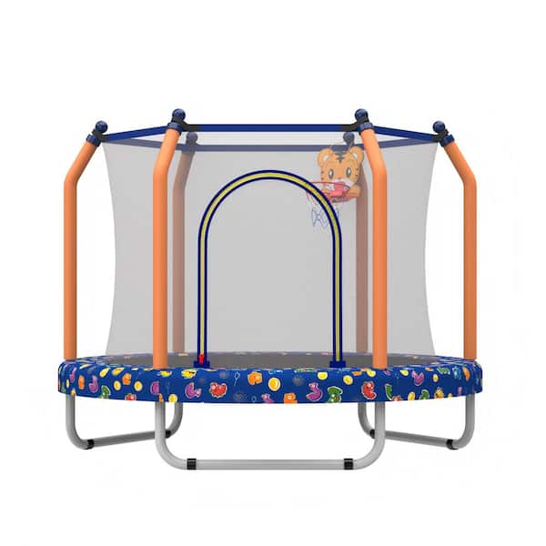 55 in. Small Toddler Trampoline with Basketball Hoop for Kids in Blue and Orange
