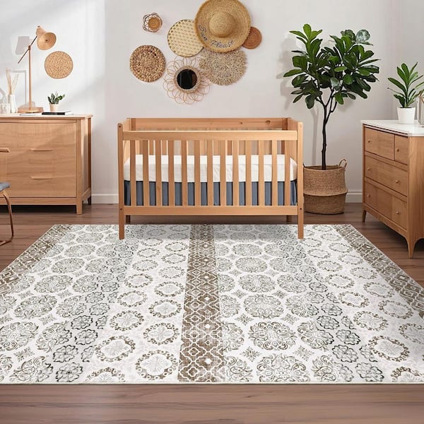 Beige 9 ft. x 12 ft. Non-Slip Flower Print Rug Machine Washable Ultra Thin Soft for Office Dining Room Bedroom