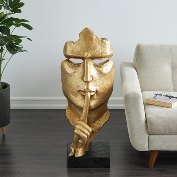 40 in. Gold Polystone Large Cutout Quiet Gesture Face People Sculpture with Black Base