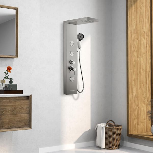 44 in. 4-Jet Shower System With 360-Degree Angled Adjustable Massaging Body Sprayers in Brushed Nickel