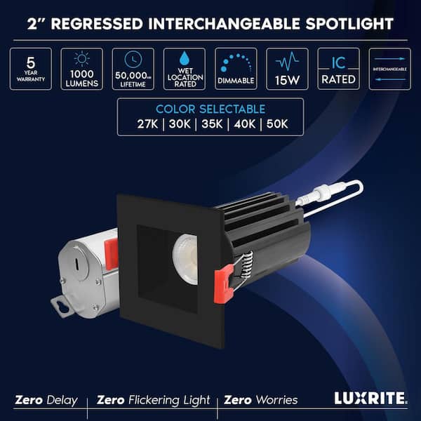 2 in. Square LED Recessed Light J-Box 15 Watt 5 Color Selectable 2700K-5000K 1000 Lumens Dimmable Wet Rated Black 4 Pack