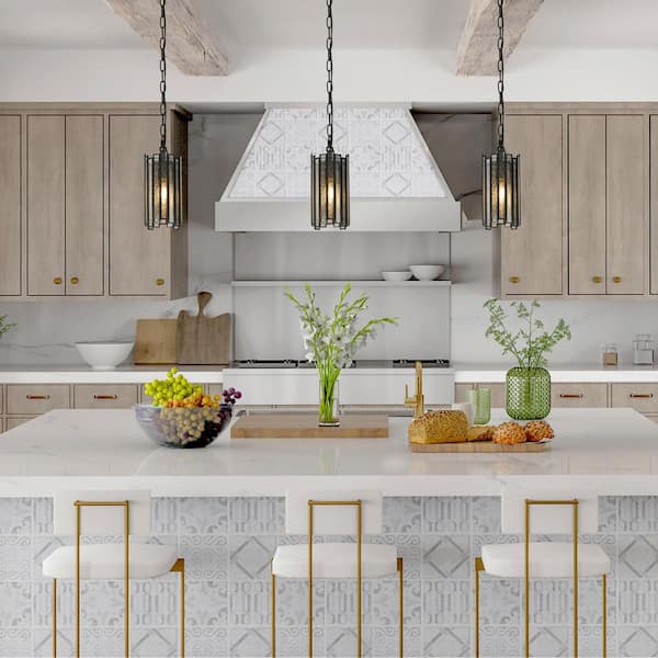 Hemaaolay Modern 1-Light Black Drum Island Pendant Light with Mercury Glass Cylinder Lantern for Foyer, LED Compatible