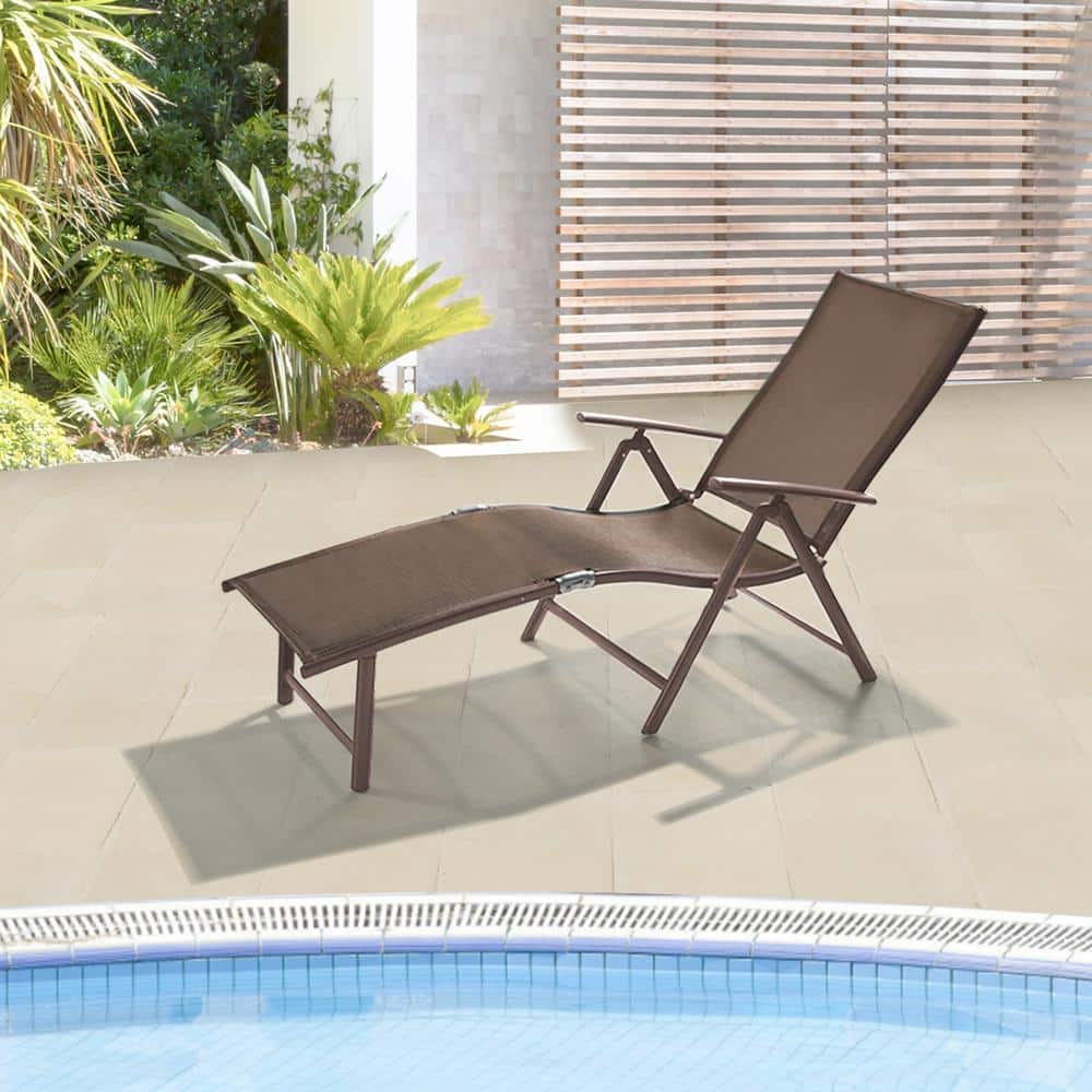 Brown Aluminum Outdoor Folding Chaise Lounge with Textilene Fabric