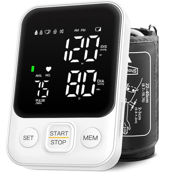White Upper Arm Blood Pressure Monitor with Adjustable BP Cuff, Led Backlit Display and Storage Bag for 2 Users