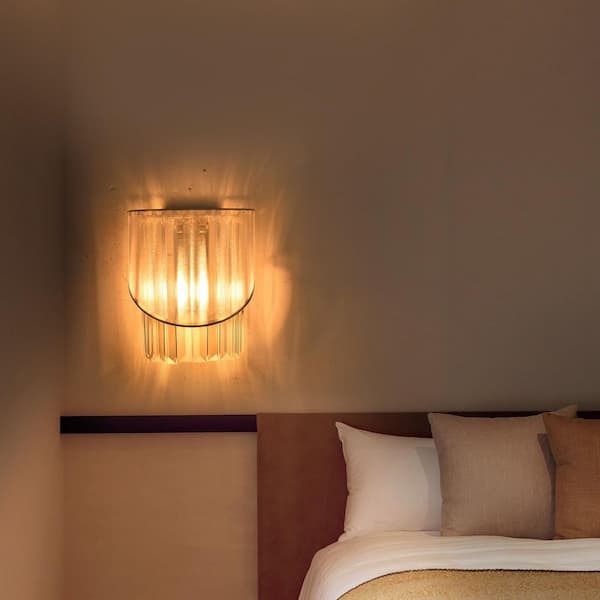 7.87 in. 1-Light Silver Half-Cylinder Wall Sconce with Crystal Column Design and Fabric Shade