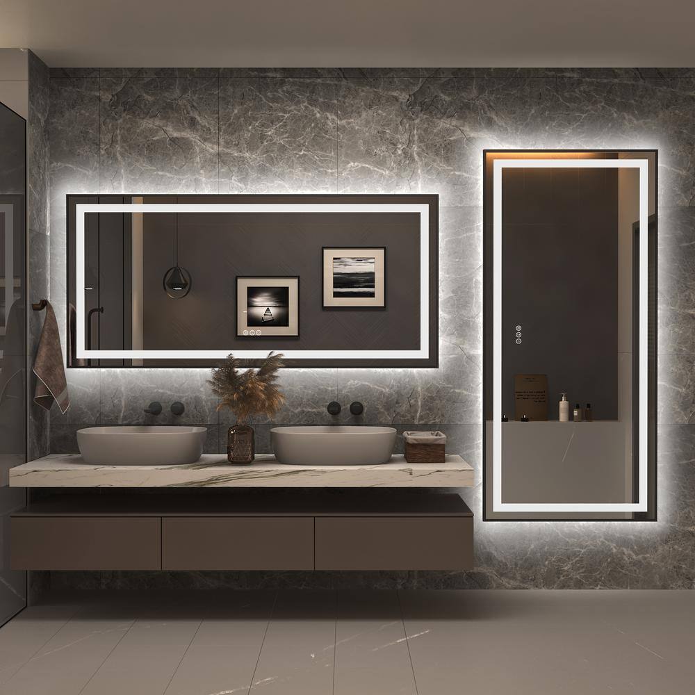 Matte Black LED Lighted Anti-Fog Tempered Glass Vanity Mirror, 60" x 28"