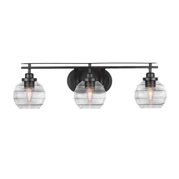 Unbranded Monroe 27.75 in. 3-Light Matte Black Vanity-Light 6 in. Clear Ribbed Glass Shade No Bulbs Included