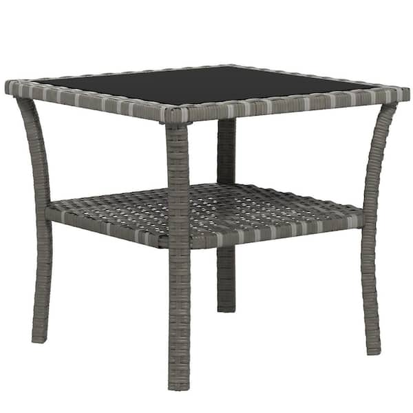 HOTEBIKE Rattan Side Table, Outdoor End Table-Storage Shelf, Aluminum Frame Square, Coffee Table with Tempered Glass Top, Gray