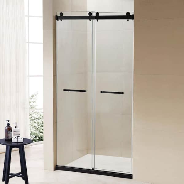 48 in. W x 76 in. H Double Sliding Frameless Shower Door in Black Finish with Tempered Glass