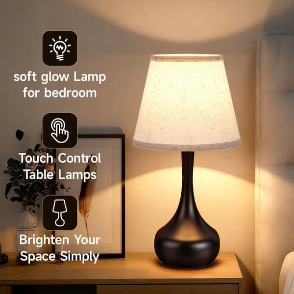 Jushua (2-Pack)17 in. H Black LED Bedside Table Lamp with Beige