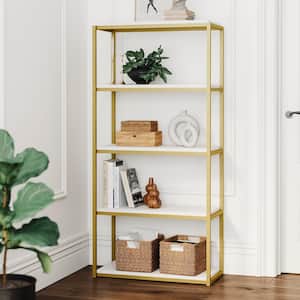 Oscar 59 in. White/Gold Brass Wood and Metal 5-Shelf Modern Etagere Bookcase with Storage Shelves