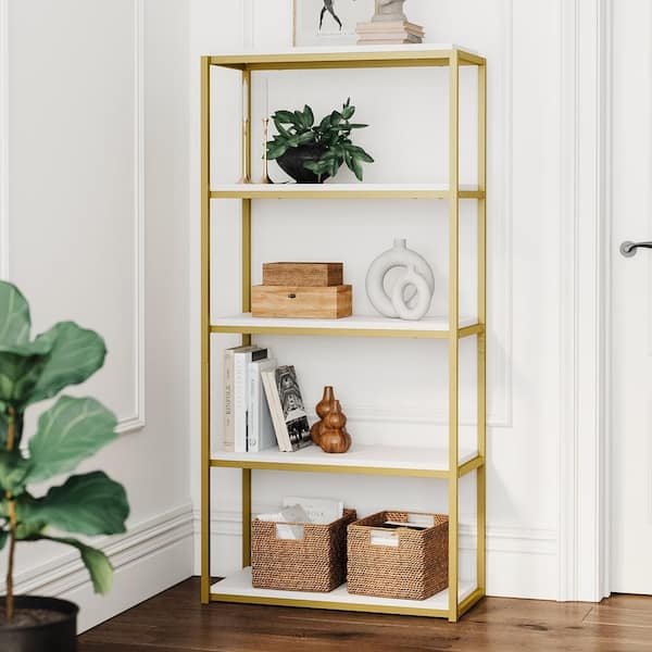 Nathan James Oscar 59 in. White/Gold Brass Wood and Metal 5-Shelf Modern Etagere Bookcase with Storage Shelves