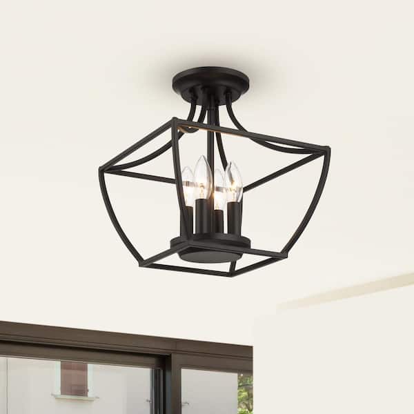 Hampton Bay Wethersfield 11 in. 4-Light Matte Black Square Cage Semi-Flush Mount Ceiling Light