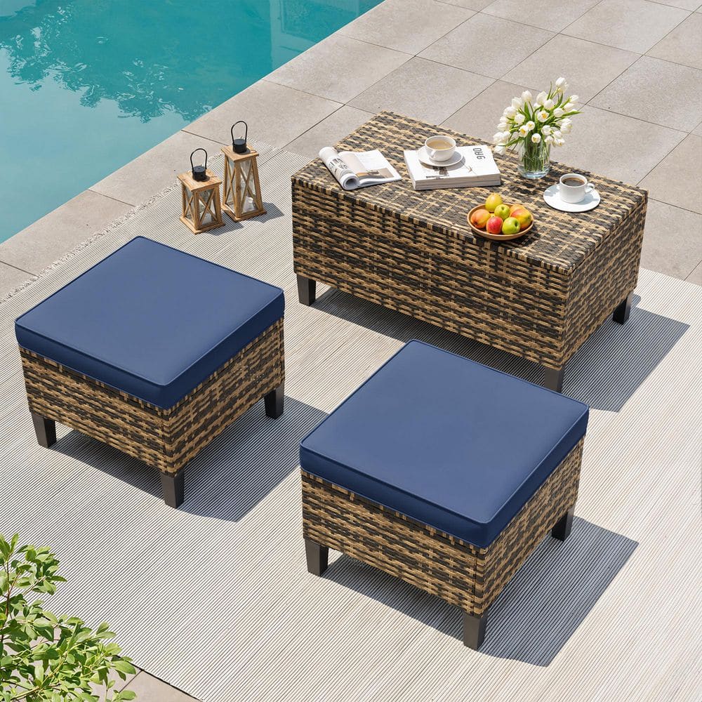 Outdoor Series Mixed Brown 3-Piece Wicker Outdoor Storage Ottoman Set with CushionGuard Navy Blue Cool Tone Cushions price history on PriceWatchPro