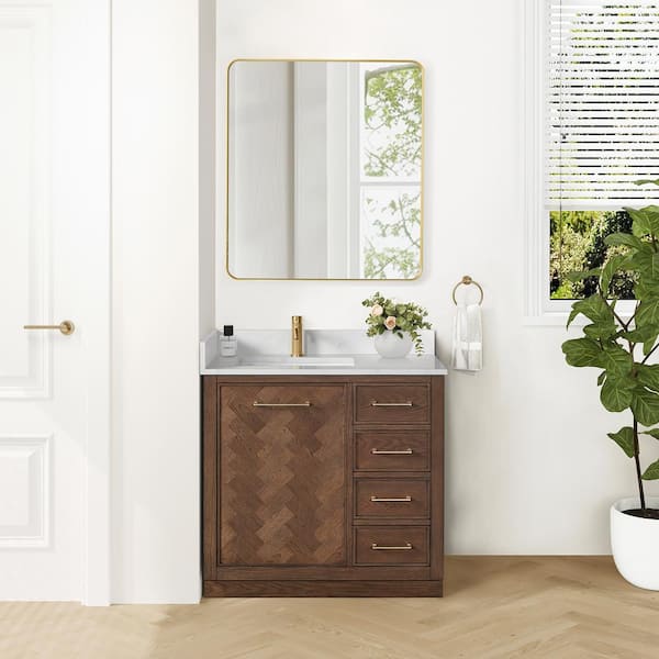 Jakarta 36 in. W. x 22 in. D x 33.9 in. H Single Bath Vanity in Aged Dark Brown Oak with Silk White Quartz Stone Top