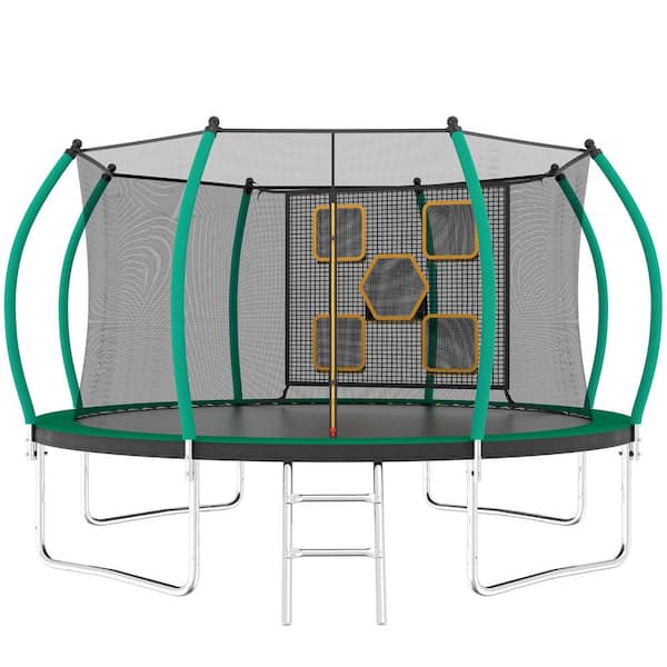 Unbranded 14 ft. Green Outdoor Recreational Trampoline with Enclosure and Ladder