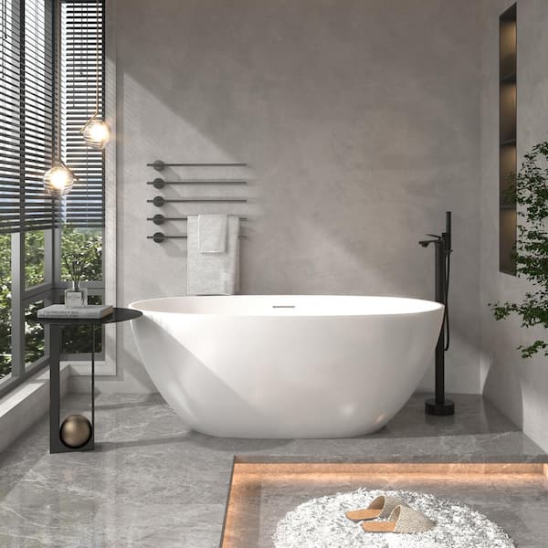 CASAINC 59.45 in. x 29.33 in. Soaking Bathtub Solid Surface Stone Bathtub with Center Drain in Matte White