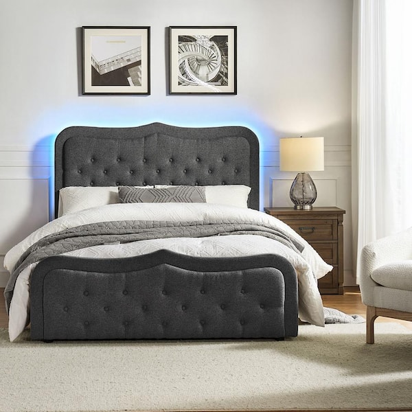 JAYDEN CREATION Delia Classic Button-Tufted Storage Bed with LED Light-QB-Charcoal