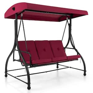 3-Person Metal Outdoor Converting Patio Swing Glider Adjustable Canopy Porch Swing Red