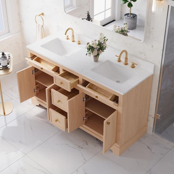 Assembled 60 in. Solid Wood Brown Bath Vanity with White Quartz Top, Flip-Top Drawer and Soft-Close Dovetail Drawers