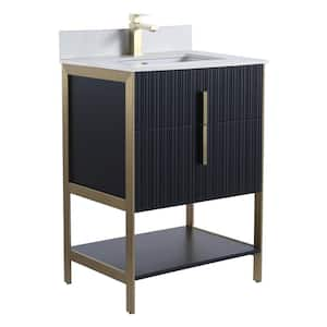 24 in. W x 18 in. D x 33.5 in. H Bath Vanity in Black Matte with White Sintered Stone Top with Satin Brass Hardware