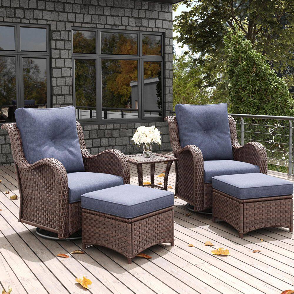 5-Piece Wicker Outdoor Patio Conversation Seating Set with Swivel Rocking Chair and Navy Blue Cushions price history on PriceWatchPro