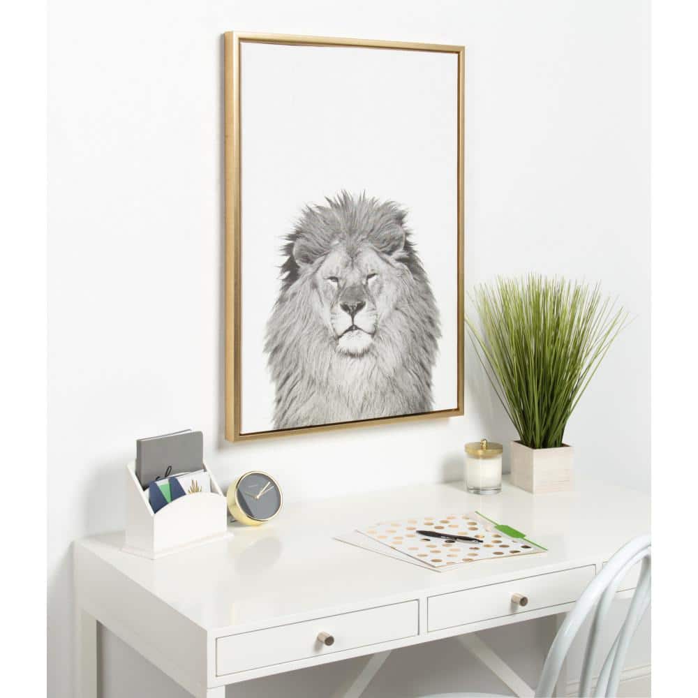 23" x 33" Gold Framed Black and White Lion Canvas Print