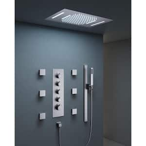 Thermostatic 15-Spray 23x15 in. Ceiling Mount LED Mood Lighting Fixed and Handheld Shower Head in Brushed Nickel